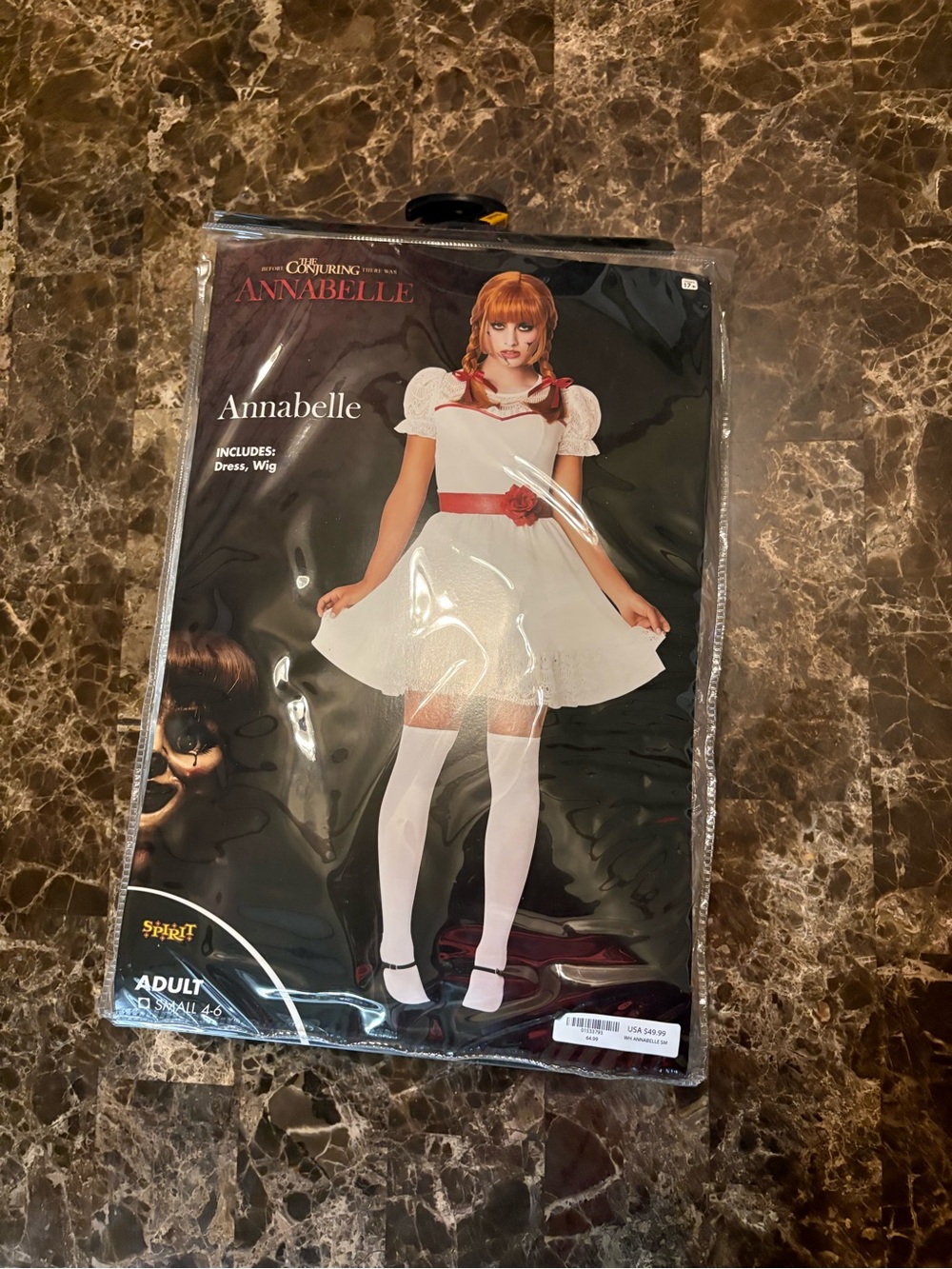 Annabelle White Dress Costume with Red Sash and Floral Accent - Annabelle